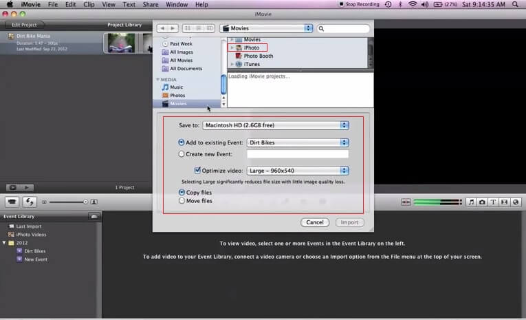 upload movies from iphoto to imovie