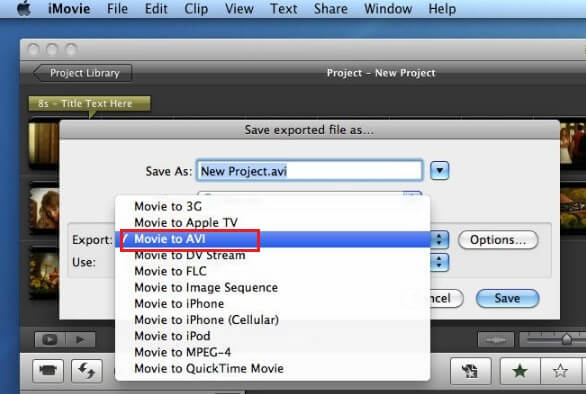 export imovie project to avi